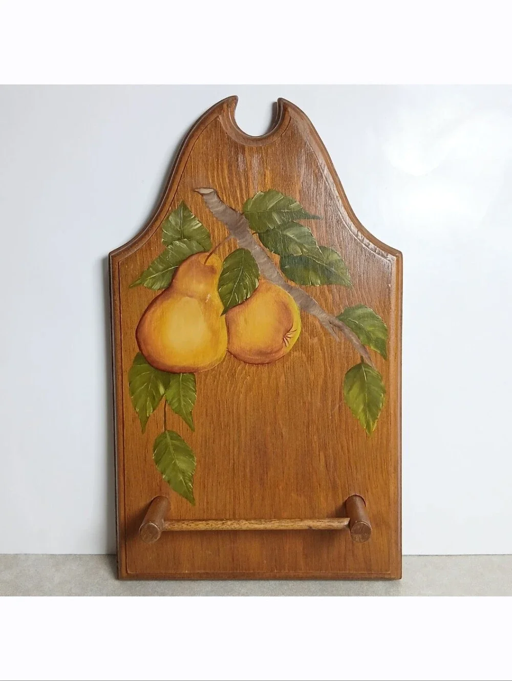 Vintage Folk Art Towel Holder Pear Painting Wood Cottagecore Wall Decor Plaque
